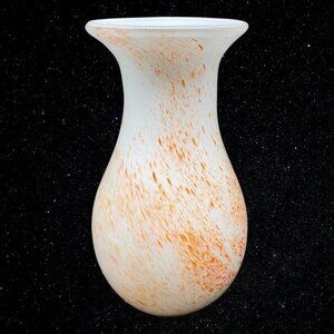 Vintage Art Glass White Orange Speckled Hand Blown Vase 8”T 4”W